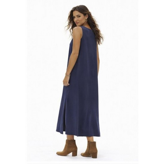 Vestido Longo Linho com Viscose com Bolso Azul Marinho