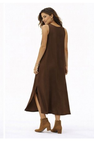 Vestido Longo Linho com Viscose com Bolso Marrom