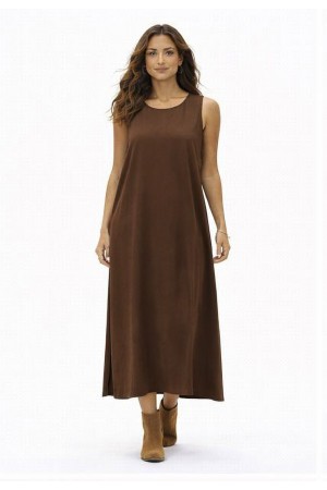 Vestido Longo Linho com Viscose com Bolso Marrom