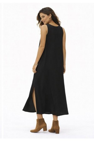 Vestido Longo Linho com Viscose com Bolso Preto