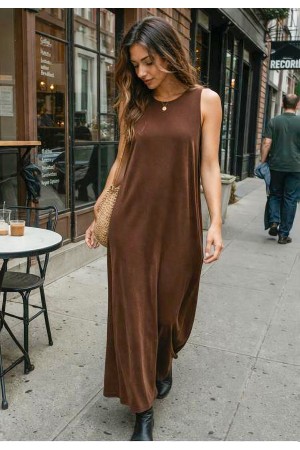 Vestido Longo Linho com Viscose com Bolso Marrom