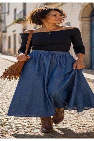 Saia Jeans Evasê com Bolso