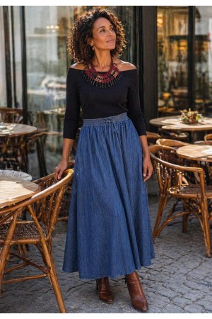 Saia Jeans Evasê com Bolso