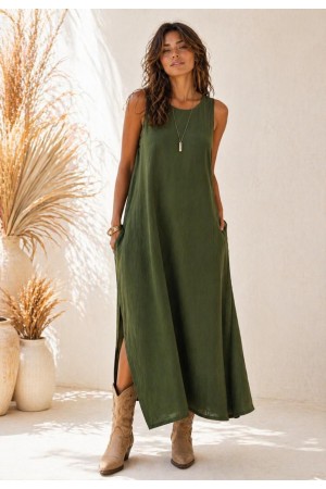 Vestido Longo Linho com Viscose com Bolso Verde