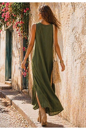 Vestido Longo Linho com Viscose com Bolso Verde