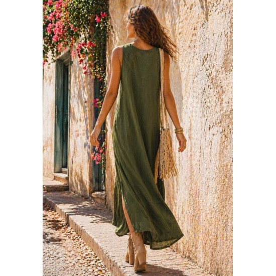 Vestido Longo Linho com Viscose com Bolso Verde