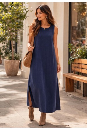 Vestido Longo Linho com Viscose com Bolso Azul Marinho