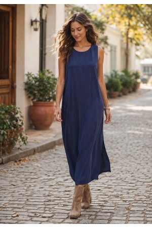 Vestido Longo Linho com Viscose com Bolso Azul Marinho