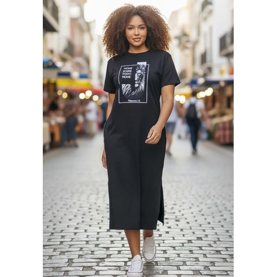 Vestido Midi Algodão Manga Curta Moda Evangélica Preto