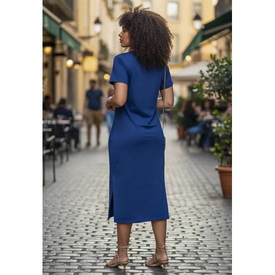 Vestido Midi Algodão Manga Curta Moda Evangélica Azul Marinho