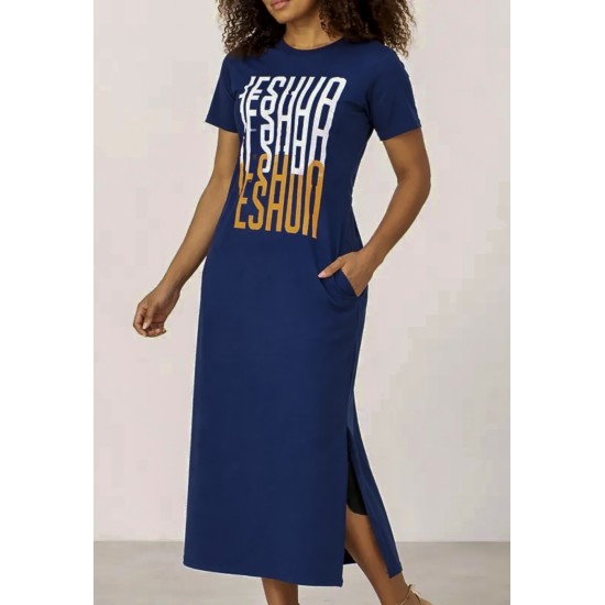 Vestido Midi Algodão Manga Curta Moda Evangélica Azul Marinho
