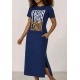 Vestido Midi Algodão Manga Curta Moda Evangélica Azul Marinho