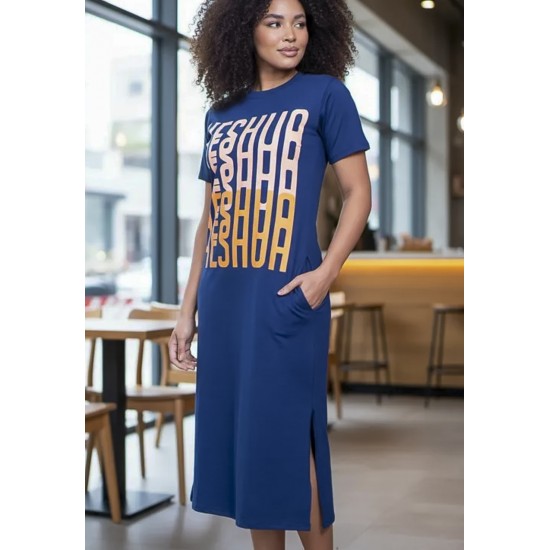 Vestido Midi Algodão Manga Curta Moda Evangélica Azul Marinho
