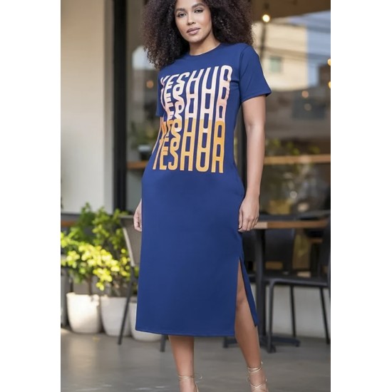 Vestido Midi Algodão Manga Curta Moda Evangélica Azul Marinho
