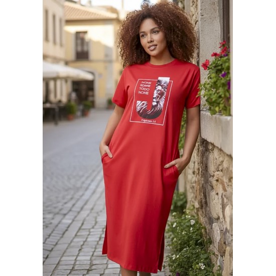Vestido Midi Algodão Manga Curta Moda Evangélica Vermelho