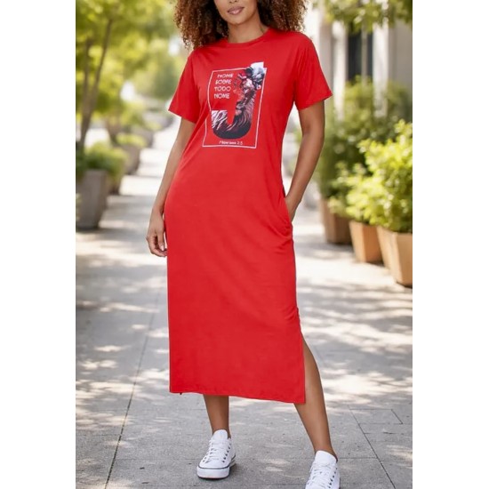 Vestido Midi Algodão Manga Curta Moda Evangélica Vermelho