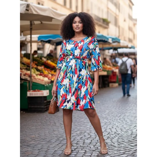 Vestido Curto Caaxixá Viscose com Cordão na Cintura Estampa Floresce