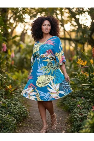 Vestido Curto Caaxixá Viscose com Cordão na Cintura Estampa Brisa Botânica