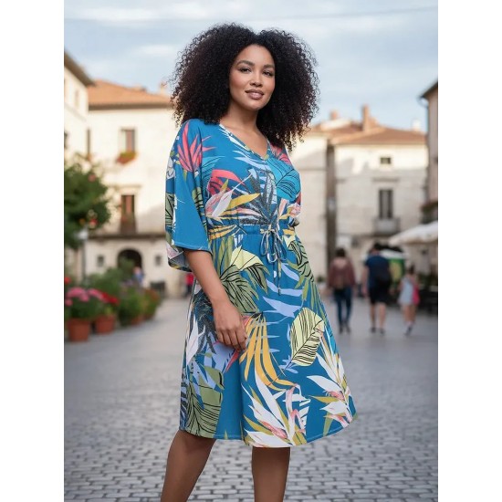 Vestido Curto Caaxixá Viscose com Cordão na Cintura Estampa Brisa Botânica