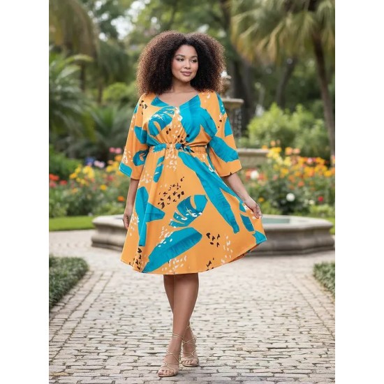Vestido Curto Caaxixá Viscose com Cordão na Cintura Estampa Aurora Botânica