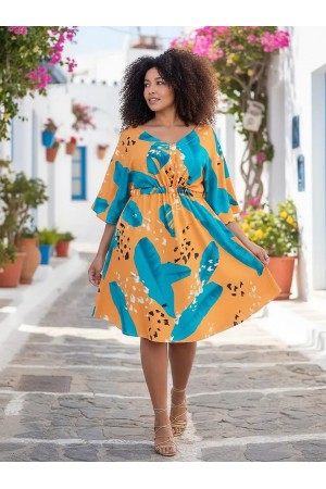 Vestido Curto Caaxixá Viscose com Cordão na Cintura Estampa Aurora Botânica