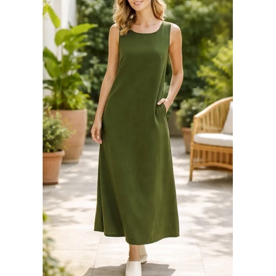 Vestido Longo Linho com Viscose com Bolso Verde