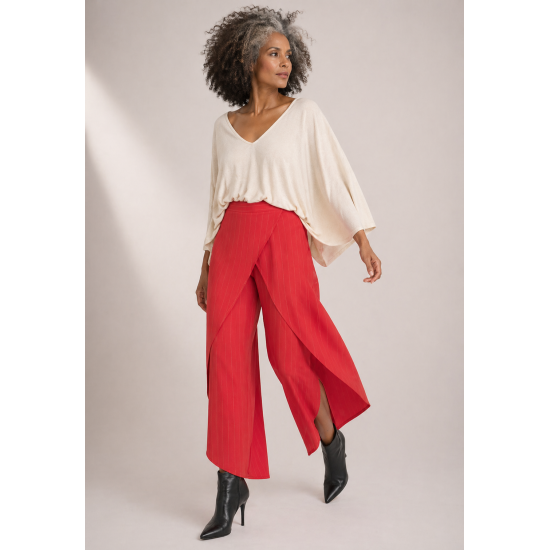 Calça Pantacourt Garatéa Transpassada Risca de Giz Vermelho