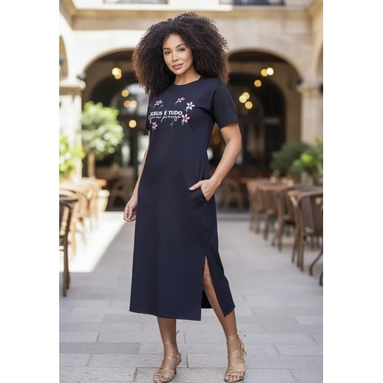 Vestido Midi Algodão Manga Curta Moda Evangélica Preto