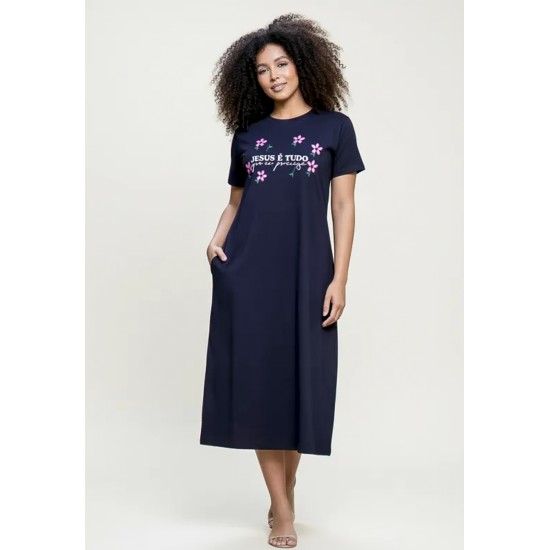 Vestido Midi Algodão Manga Curta Moda Evangélica Preto