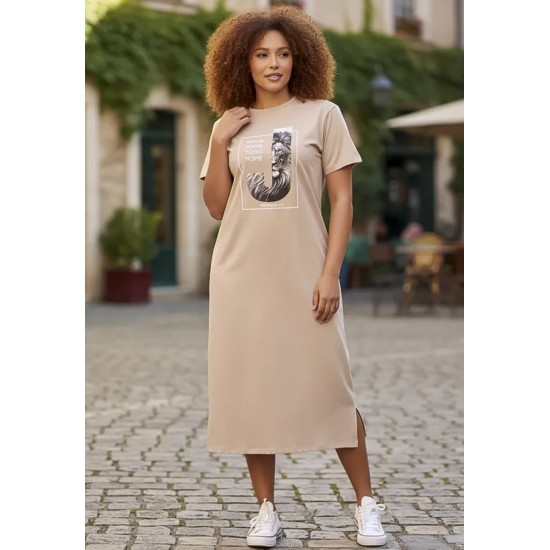 Vestido Midi Algodão Manga Curta Moda Evangélica Bege