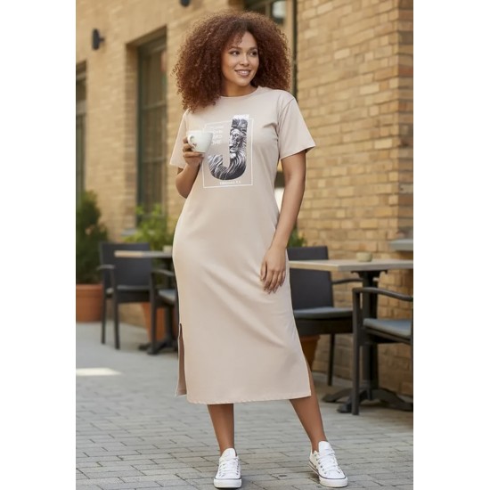 Vestido Midi Algodão Manga Curta Moda Evangélica Bege