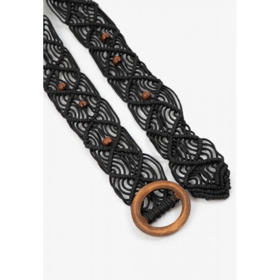 Cinto de Macramê Preto com Esferas e Fivela em Madeira