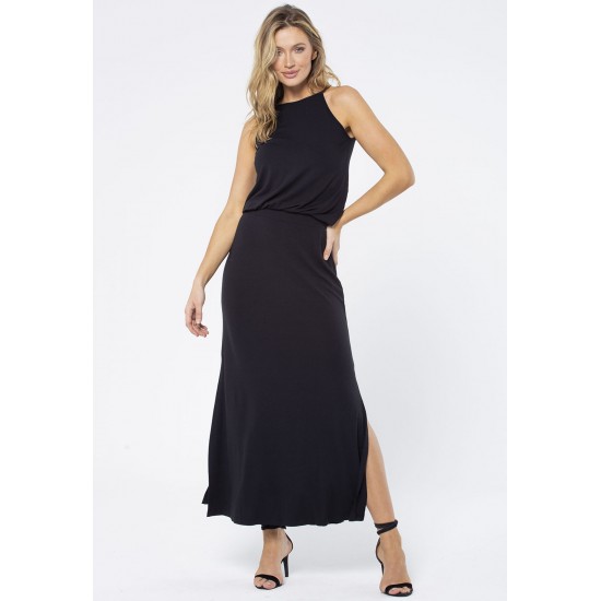 Vestido Longo Malha Trapézio com Elástico na Cintura Preto