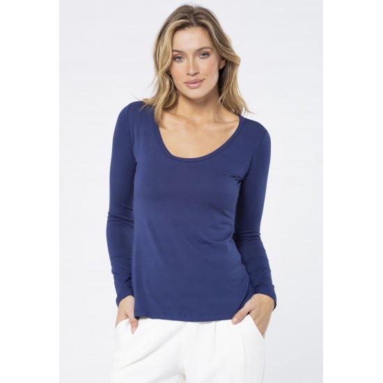 Blusa Básica Manga Longa Gola Canoa Malha Azul Marinho