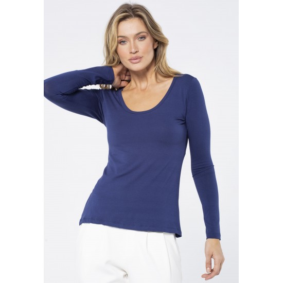 Blusa Básica Manga Longa Gola Canoa Malha Azul Marinho