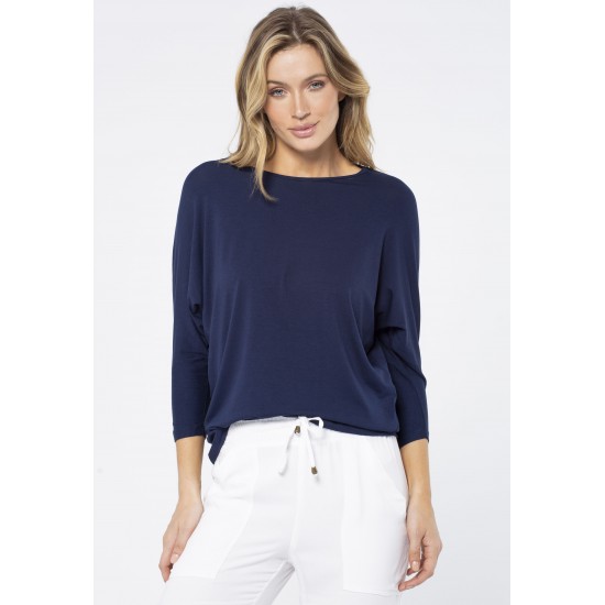 Blusa Morcego Ampla Manga 3/4 Azul Marinho