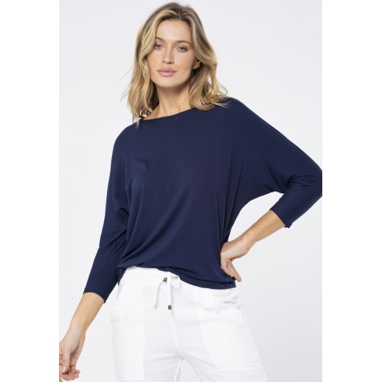 Blusa Morcego Ampla Manga 3/4 Azul Marinho