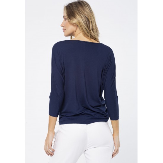 Blusa Morcego Ampla Manga 3/4 Azul Marinho
