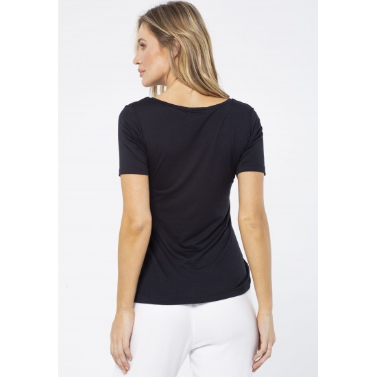 Blusa Gola Canoa Malha Manga Curta Preto