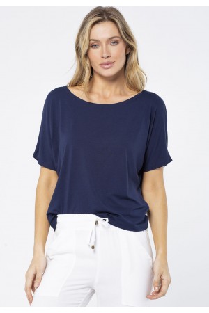 Blusa Básica Morcego Malha Gola Canoa Manga Curta Azul Marinho