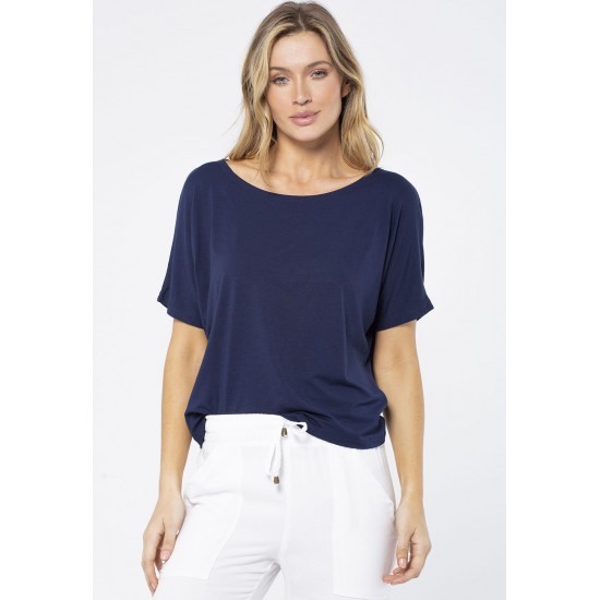 Blusa Básica Morcego Malha Gola Canoa Manga Curta Azul Marinho