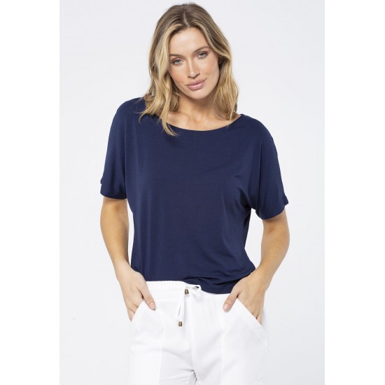 Blusa Básica Morcego Malha Gola Canoa Manga Curta Azul Marinho