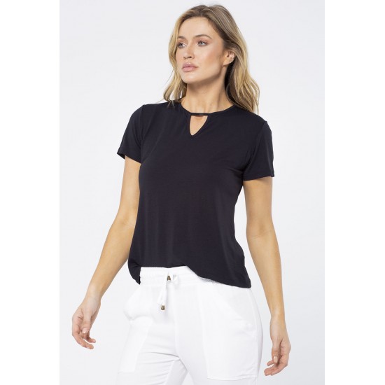 Blusa Malha Manga Curta Detalhe Preta