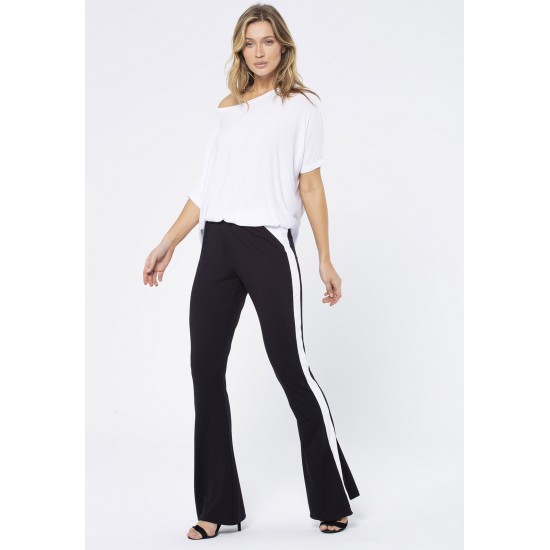 Calça Flare Malha Detalhe Preta e Branco