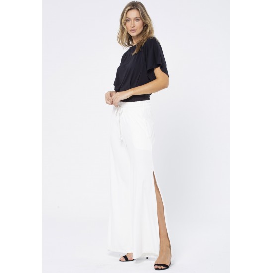 Calça Pantalona Malha com Fendas Branco