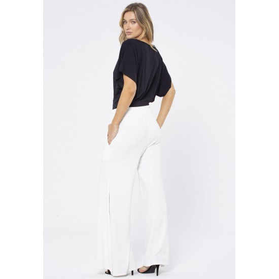 Calça Pantalona Malha com Fendas Branco