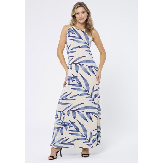 Vestido Longo Malha Trapézio Bambu Azul
