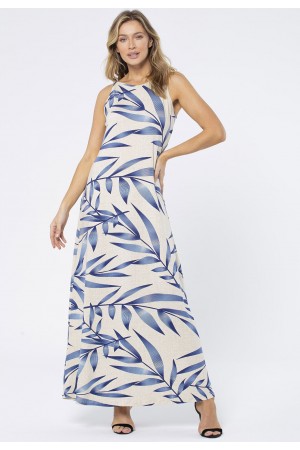 Vestido Longo Malha Trapézio Bambu Azul
