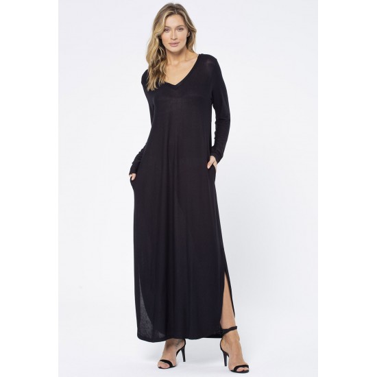 Vestido Midi Malha com Bolso Manga Longa Preto