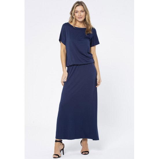 Vestido Longo Morcego Malha Azul Marinho